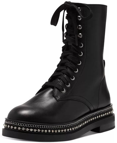Vince Camuto Branda Black Leather Lace Up Combat Moto Chain Rim Ankle Bootie