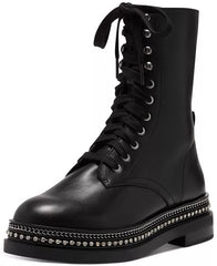 Vince Camuto Branda Black Leather Lace Up Combat Moto Chain Rim Ankle Bootie