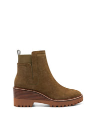 Vince Camuto Dendra Utility Green Suede Wedge Gore Bootie Ankle Heeled Boot