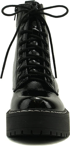 Soda Fling Black Patent Lace Up Chunky Lug Sole Round Toe Wide Combat Ankle Boot