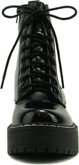 Soda Fling Black Patent Lace Up Chunky Lug Sole Round Toe Wide Combat Ankle Boot