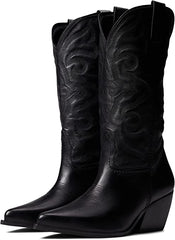 Steve Madden West Black Leather Pull On Pointed Toe Block Heel Western Boots