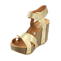 Refresh Mara-05 Champagne Ankle Strap Comfort Criss Cross Platform Wedge Sandals