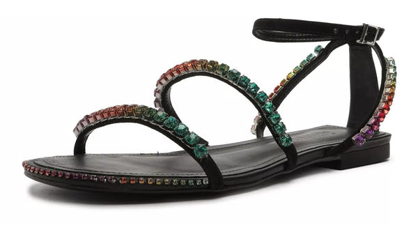Schutz Loule Flat Black Crystals Details Ankle Strap Open Toe Flat Sandals