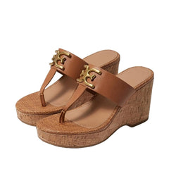 Sam Edelman Yardlie Cuoio Brown Wedge Heel Leather Strap Slip On Heeled Sandals