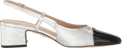 Sam Edelman Tarra Soft Silver/Black Almond Toe Slingback Block Heeled Sandals