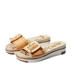 Sam Edelman Ariane Natural Sand Open Toe Buckle Flat Leather Slides Sandals