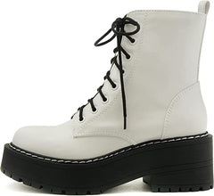 Soda Fling White Pu Lace Up Chunky Lug Sole Rounded Toe Combat Ankle Boots