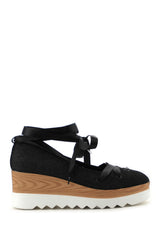 Cape Robbin Fara-5 Tie Up Wedge Platform Black Denim Sandal Pumps White Sole
