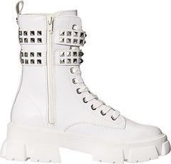 Steve Madden Tarzana White Leather Lace Up Embellished Combat Ankle Boots