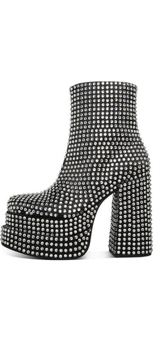 Steve Madden Cobra Black Rhinestone Platform Block High Heel Fashion Ankle Boots