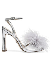 Sam Edelman Leon Silver Feather Pom Pom Detail Ankle Strap High Heel Sandals