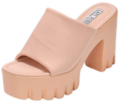 Cape Robbin Echoya Nude Slip On Block Heel Open Round Toe Fashion Heeled Sandals