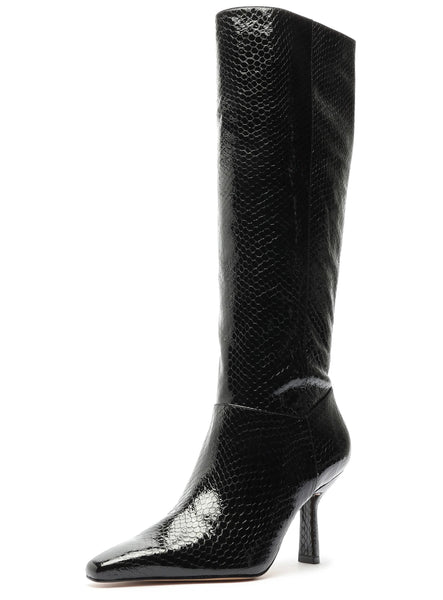 Schutz Jupitar Black Croco Leather Stiletto Pointed Toe Women's Knee Boots