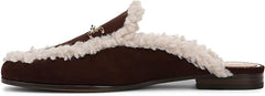 Sam Edelman Linnie Cafe Noir Shearling Chain Embellished Slip On Flats Mules