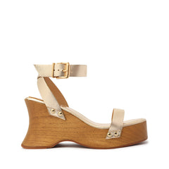 Schutz Lansy Platina Gold Buckle Ankle Strap Wooden-Sole Wedges Style Sandals