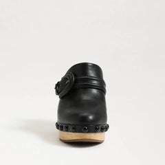 Sam Edelman Nyla Black Leather Rounded Toe Slip On Block Heel Clog Mules
