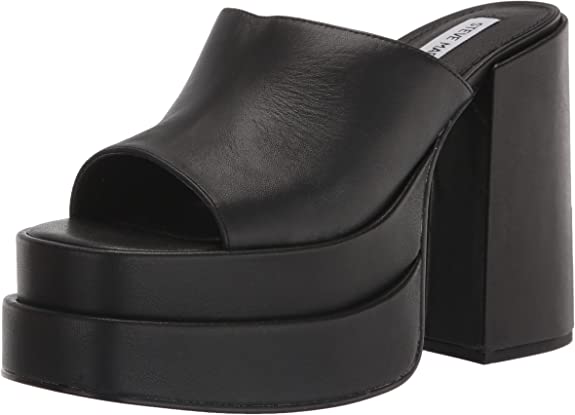 Steve Madden Cagey Black Leather Open Toe Slip On High Platform Retro Sandal