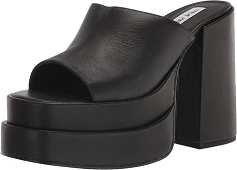 Steve Madden Cagey Black Leather Open Toe Slip On High Platform Retro Sandal