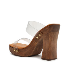 Schutz Aryana Vinyl Brown Double Strap Square Toe Wooden Platform Heel Sandals