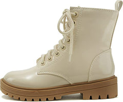 Soda Firm Bone Patent Lace Up Round Toe Chunky Combat Ankle Wide Boots