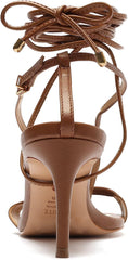 Schutz Vikki Lo Brown Ankle Strap Lace up Open Toe Stiletto Mid Heel Sandals