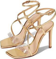 Schutz Aisha Gold Glitter Vamp Ankle Strap Open Toe Stiletto High Heel Sandals
