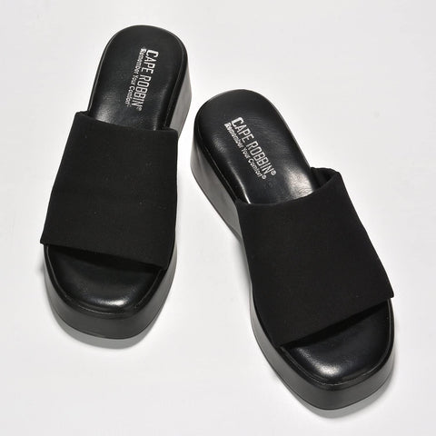 Cape Robbin Charges Black Slip On Squared Open Toe Platform Wedge Heeled Sandals
