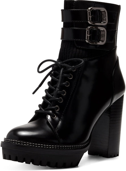 Vince Camuto Everna Black Leather Lace Up Lug Sole Block Heel Platform Bootie