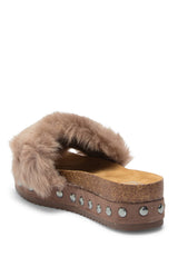 LFL by Lust For Life Women's LL-Prism Slide Sandal Tan Furry Mule Wedge Platform