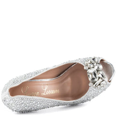 Lauren Lorraine Candy 2 Silver Broach Shimmer Rhinestones Peep Toe Platform Pump