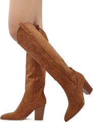 WIRALOMI Western Brown Suede Knee High Block Heel Pointed Toe Pull Cowgirl Boots
