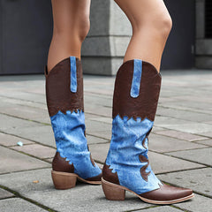 Cozivwaiy Women Denim Cowboy Boots Patchwork Knee High Boots Colorblock Western Cowgirl Mid Calf Jeans Shoes Pointed Toe Chunky Heel Pull On