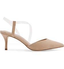Charles David Alda Nude-Clear Pointed Toe Ankle Strap Padded Footbed Fabric Pump
