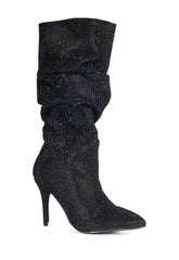 Lauren Lorraine Layzer Black Slouchy Knee High Rhinestone Pointed Toe Heel Boot