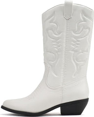 Soda Reno White Pu/Black Heel Western Cowboy Pointed Toe Knee High Pull On Boots