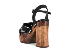 Schutz Gaylah Black Fashion Ankle Strap Open Toe Wood Platform Heeled Sandals