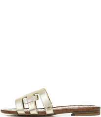 Sam Edelman Bay Gold Rounded Open Toe Slip On Leather Strap Flat Slide Sandals