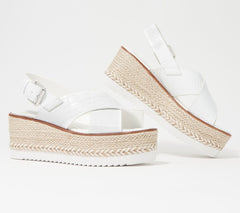 Vince Camuto Marietten White Croco Leather Cross Strap Platform Wedge Espadrilles