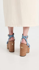 Sam Edelman Tibby Montrose Blue Ankle Strap Square Open Toe Block Heeled Sandals