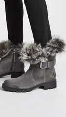 Sam Edelman Jeanie Gray Suede Fur Lined Lug Sole Moto Lace Up Chelsea Boot