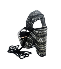 Schutz Markie Black Fabric Wrapped Block Heel Platform Open Toe Tie-Up Sandals