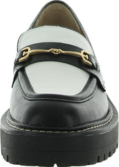 Sam Edelman Laurs Black/White Leather Rounded Toe Slip On Chunky Heel Loafers
