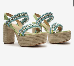 Schutz Juliet Plataform Lime Green Braided Buckled Strap Heel Platform Sandals