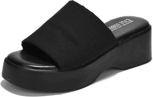 Cape Robbin Charges Black Slip On Squared Open Toe Platform Wedge Heeled Sandals