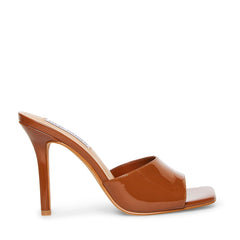 Steve Madden Signal Cognac Patent Squared Open Toe Stiletto Heeled Sandals