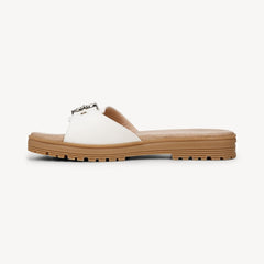 Dr. Scholl's Think Iconic White Faux Leather Slip On Flat Slides Sandals