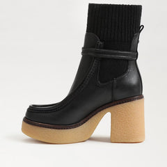 Sam Edelman Sidney Black Leather Pull On Rounded Toe Ribbed Knit Fabric Boots