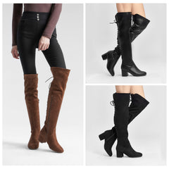 EETTARO Over The Knee Boot Thigh Block Heel Fashion Side Zip Almond Toe Booties 8
