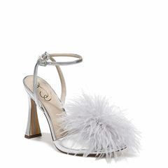 Sam Edelman Leon Silver Feather Pom Pom Detail Ankle Strap High Heel Sandals
